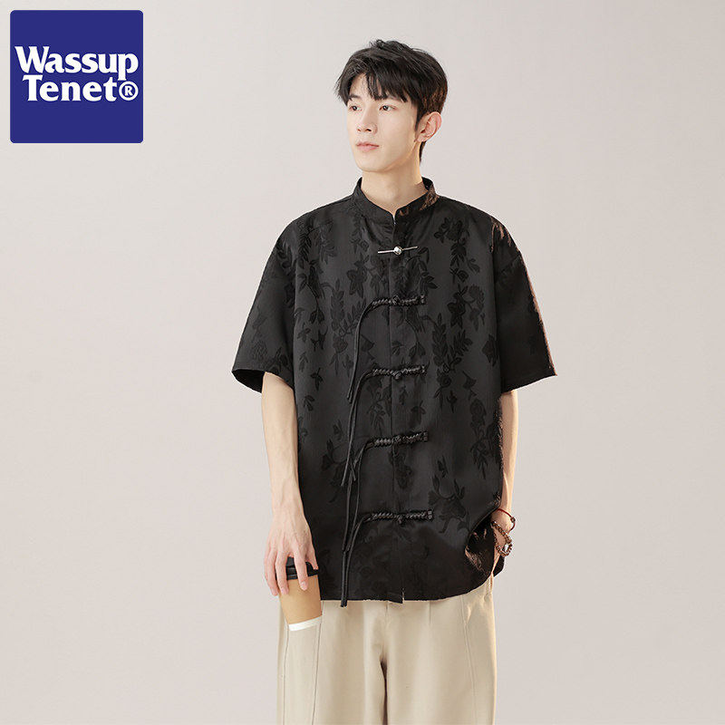 Wassup tenet新中式唐装短袖衬衫男士夏季冰丝提花盘扣中国风衬衣