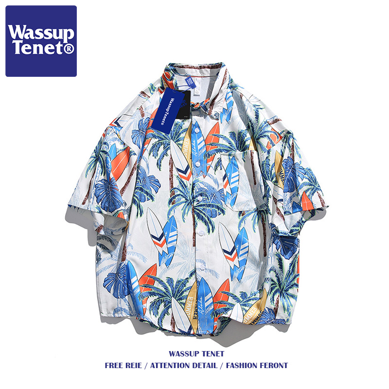 wassup tenet潮牌短袖花衬衫男夏季情侣夏威夷风宽松休闲沙滩外套
