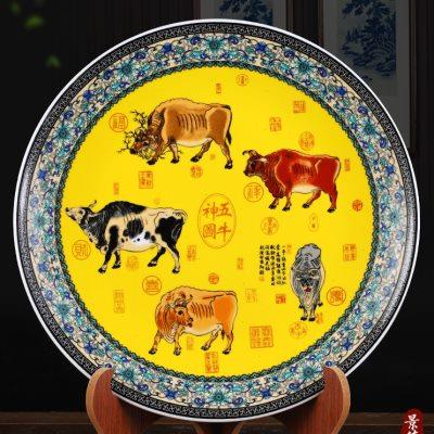 景德镇陶瓷器文房时尚五牛图瓷盘画子饰品摆设家居装饰工艺品图片