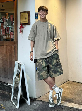 速发美式复古r装短裤男夏膝子ove工size过季五分裤沙滩马裤