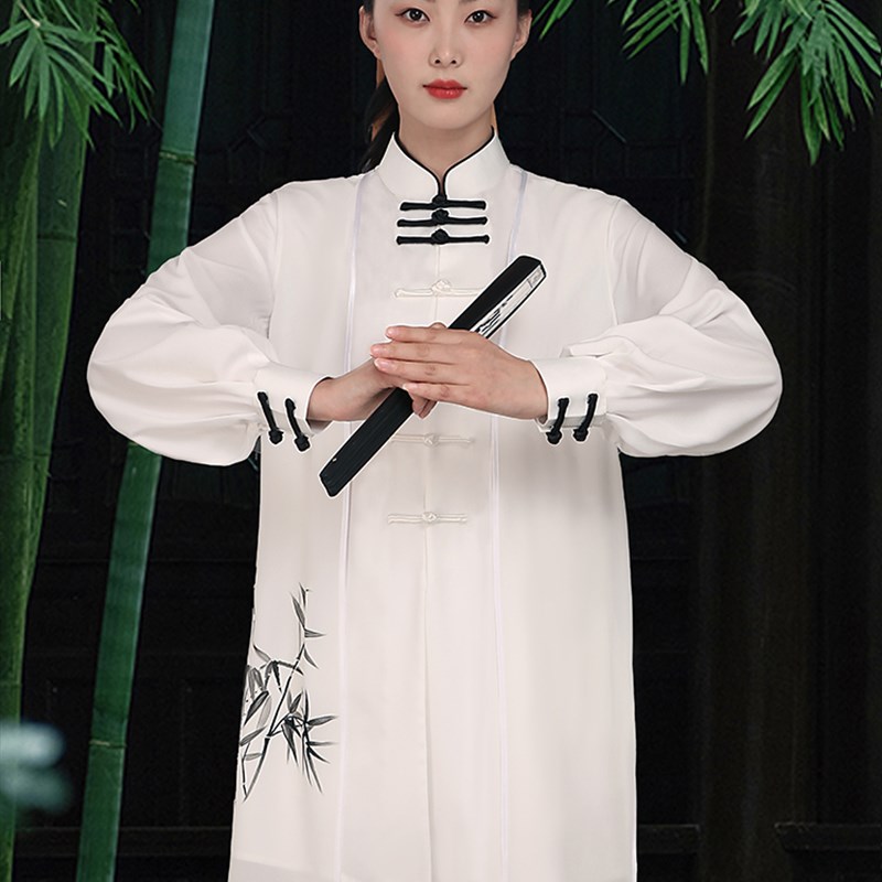 速发太极服新品手绘晨练表演服飘逸男白色武术练功服比赛服