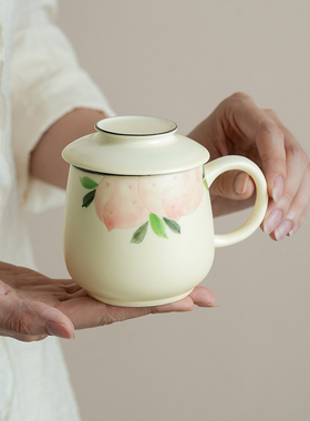 速发瓷土办杯杯士专用陶拓泡茶杯家用创意手绘寿桃喝水公办公室茶