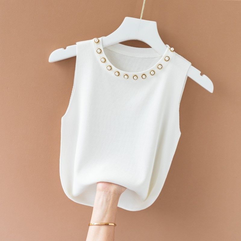 速发吊带恤背心针织衫无珠内搭白色钉袖t小打底衫上衣新款