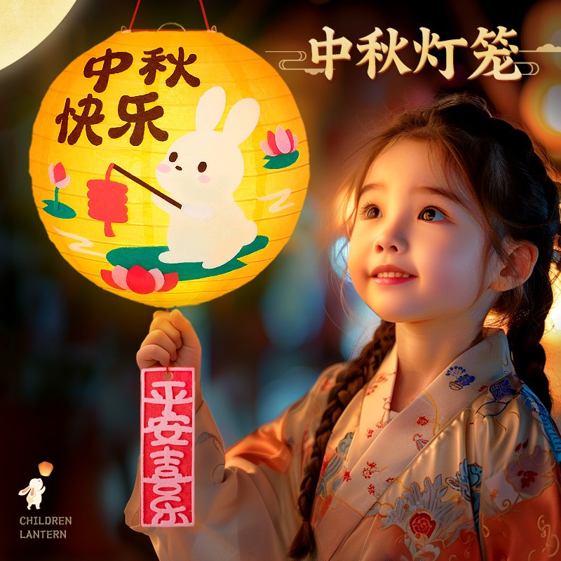 速发中童纸灯笼儿秋节幼儿小园朋友手工创意手提兔子花灯八月十五