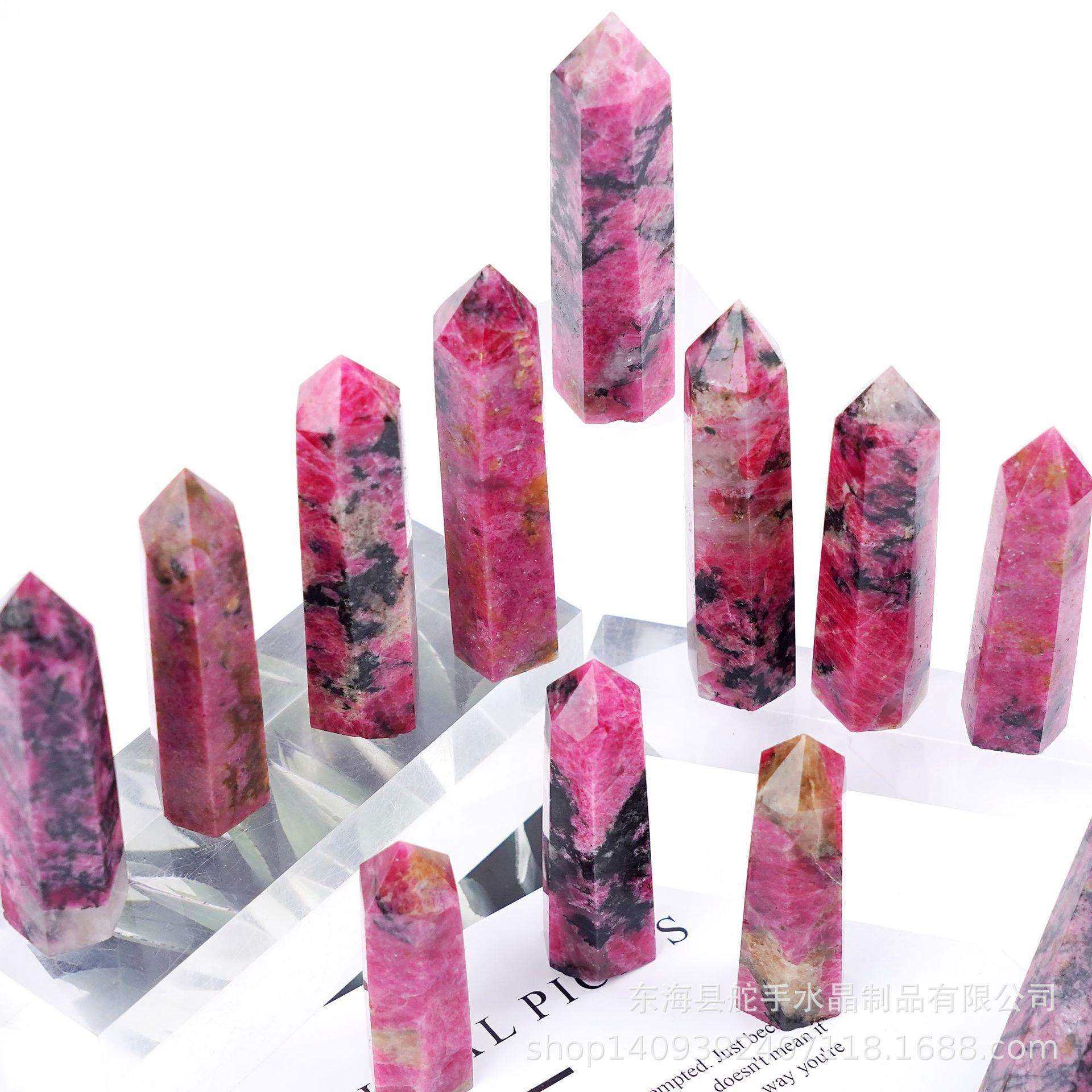 天然水晶蔷薇灰六棱单尖柱水晶原石打磨工艺品摆件家居装饰可