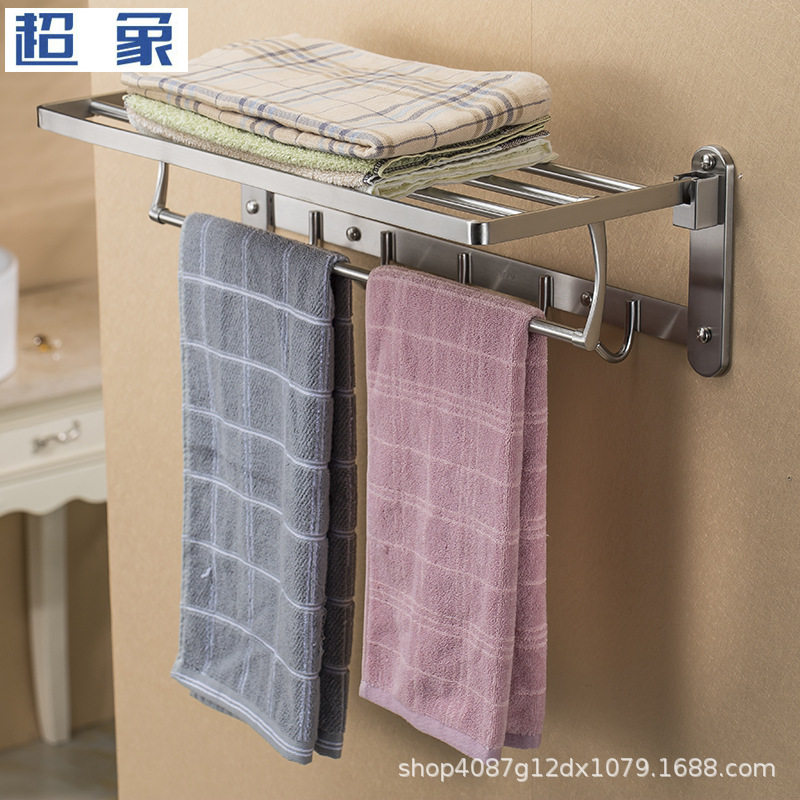 实心加厚304不锈钢浴室毛巾架可折叠带钩卫生间打孔置物毛巾架子
