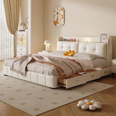 奶油风多功能床2025新款卧室轻奢实木主卧大床2米x2米2无
