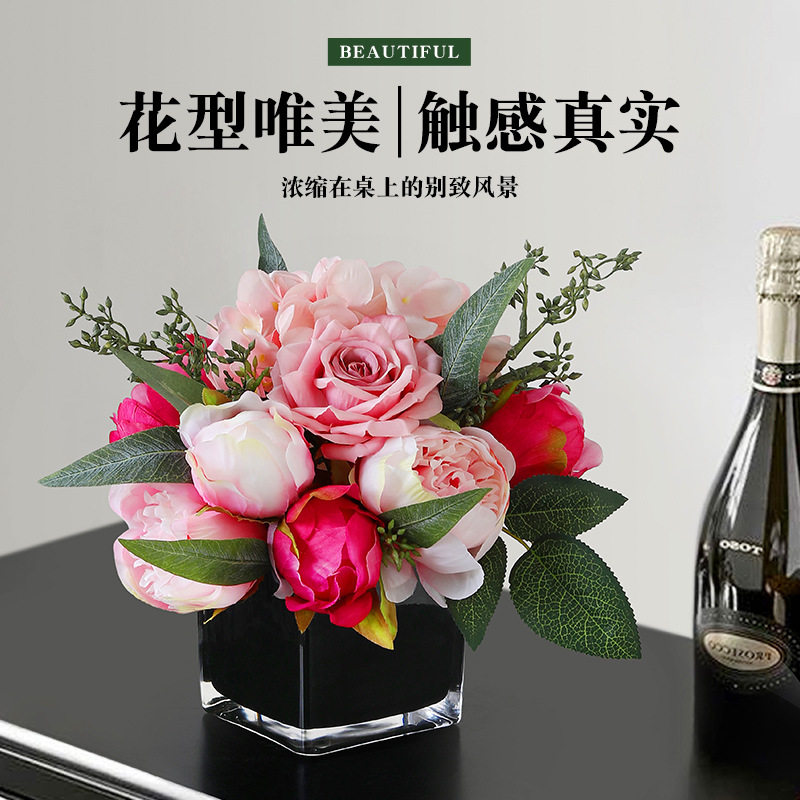 仿真花酒店会议室桌面装饰摆件玫瑰假花套装客厅餐桌绿植盆栽摆设