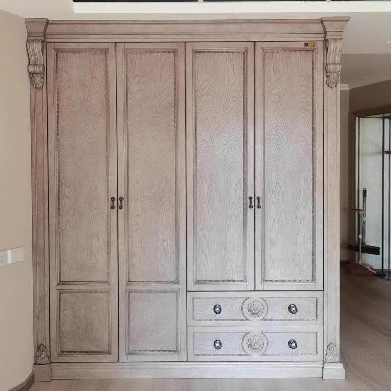 ART建筑复兴实木衣柜美式复古做旧雕花橱柜卧室衣帽间转角大衣橱