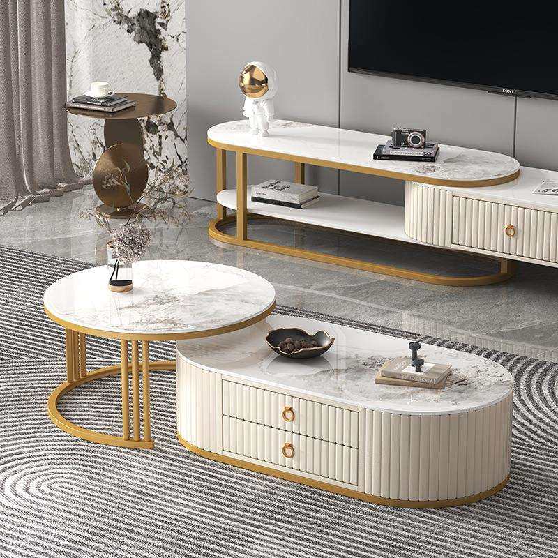 意式茶几现代小户型客厅家用轻奢电视柜组合圆形可伸缩岩板茶台桌