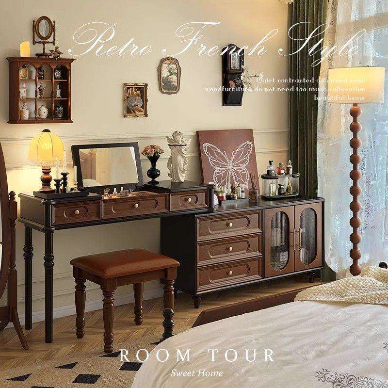 美式实木床尾斗柜梳妆台一体中古小户型卧室收纳柜复古法式化妆桌