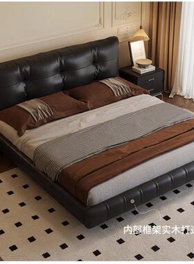 意式极简主卧室真皮悬浮床奶油风黑色软包双人婚床18简约现代轻奢