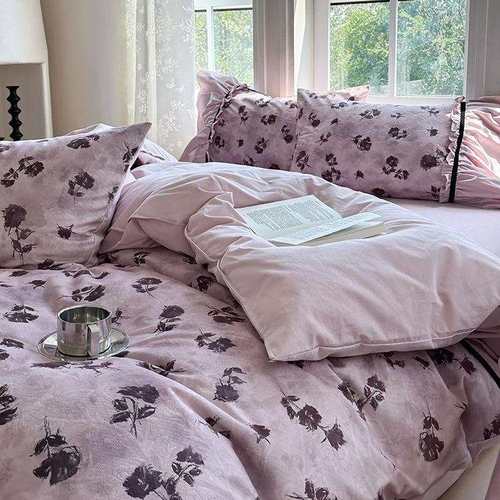 公主风100S全棉磨毛四件套玫瑰提花花卉印花花边被套床单床上用品