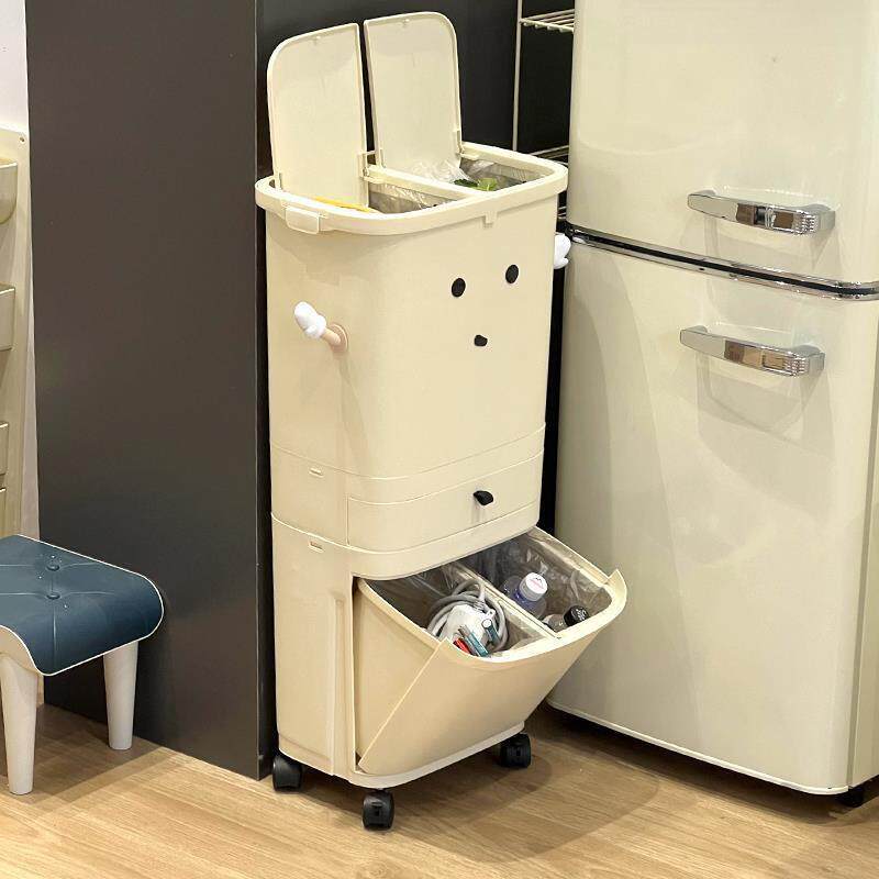 高款垃圾桶可移动大容量带盖厨房不弯腰干湿分离家用大置物架推车