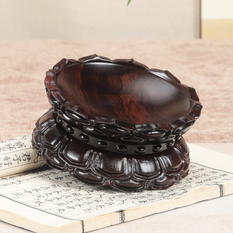 实木黑檀圆形可旋转水晶球莲花座