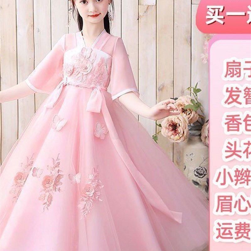 现货速发汉服童夏款唐装仙小学生连衣裙古装十岁公主裙网袖旗袍