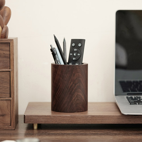 黑胡桃木办公室桌面笔筒收纳桶
