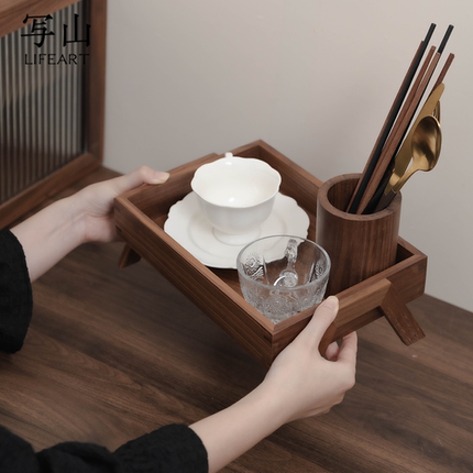 黑胡桃实木茶杯子收纳置物架酒杯餐盘厨房台面餐具储物家用展示盒