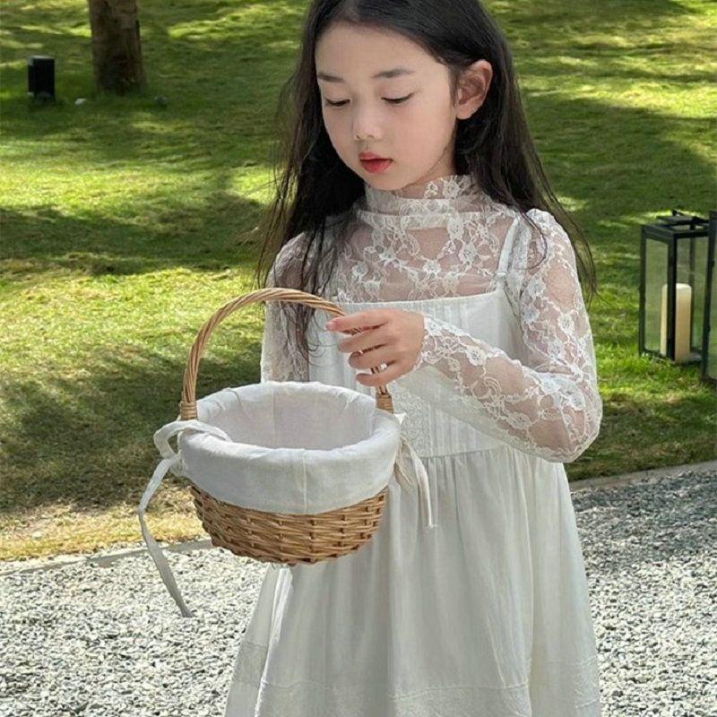 女童套装花边透视长袖打底衫加吊带连衣裙2025夏装新款外贸童装
