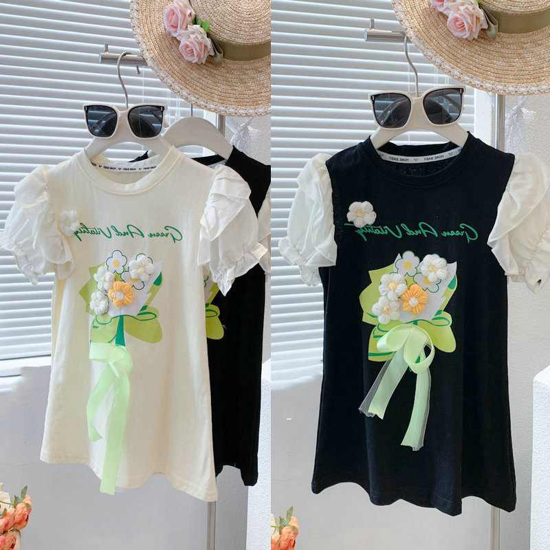女童裙子立体花朵飞袖织带连衣裙卫衣裙25夏装新款外贸童装代发