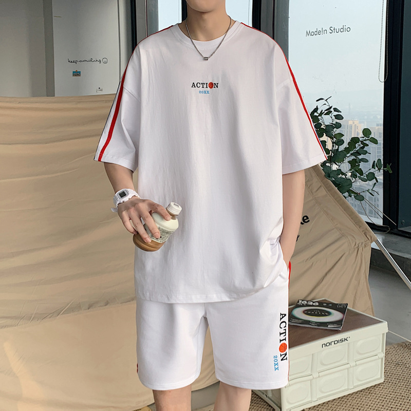 跨境潮牌男式宽松圆领短袖短裤两件套港风夏季休闲运动套装男