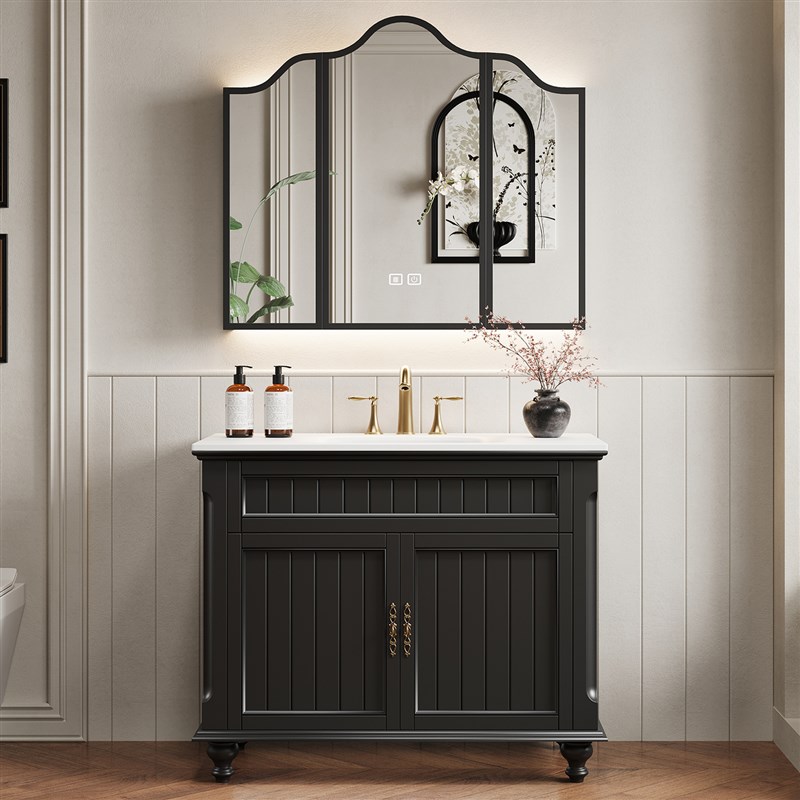 法式复古风浴室柜组合橡木烤漆岩板热弯一体卫生R间洗漱台洗脸盆