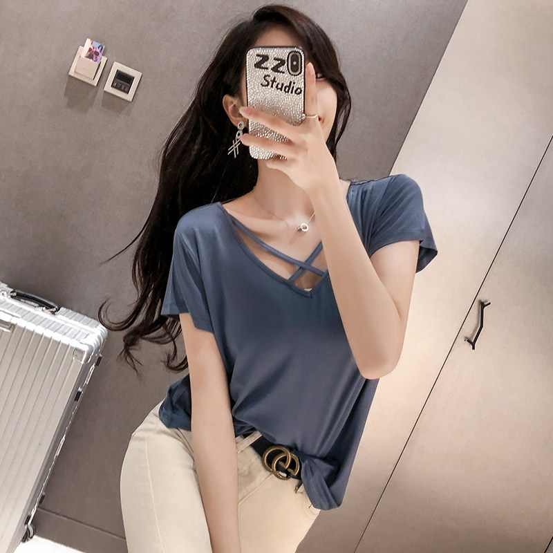 实拍#2020夏装新款心机后背镂空v领锁骨上衣露背莫代尔t恤女短袖