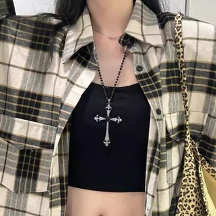 哥特十字架项链中长款大号甜酷暗黑华丽毛衣链女复古小众街舞配饰