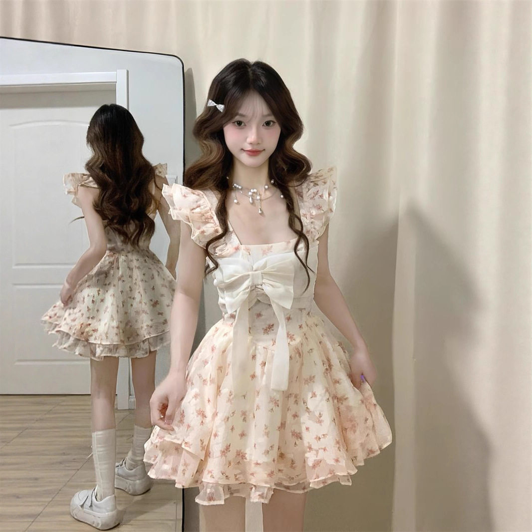 小清新碎花纱裙甜美减龄小个子蓬蓬公主裙收腰显瘦A字