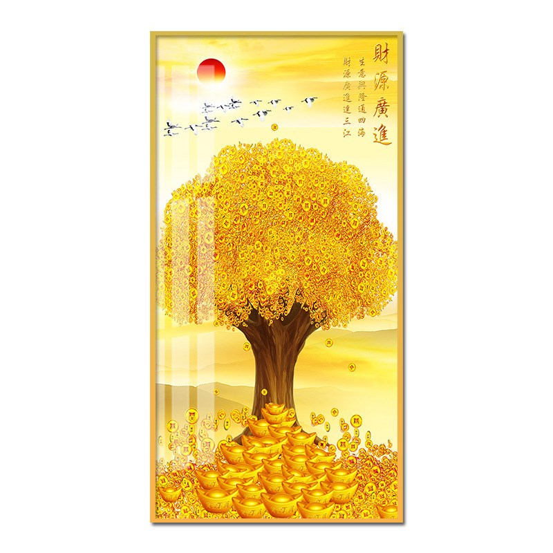 速发新中式玄关装饰画走廊过道竖版壁画发财树墙面挂画晶瓷画图片