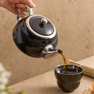 速发优格乌金釉镀银陶水茶壶泡茶家用瓷壶水杯配套饭店餐厅沏茶壶