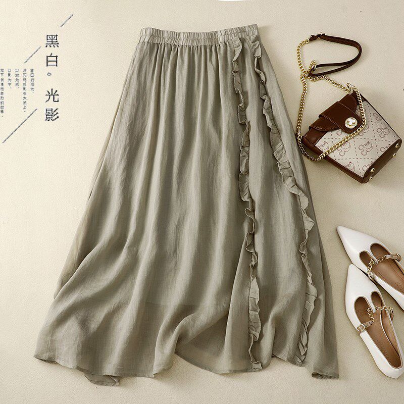 速发苎字复麻木耳边半身裙夏轻薄高腰垂感中长款棉麻A古裙