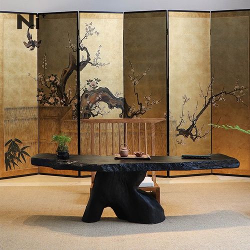 Ni+尼家侘寂风实木茶桌黑色炭化榻榻H米茶几复古风民宿茶室矮桌子