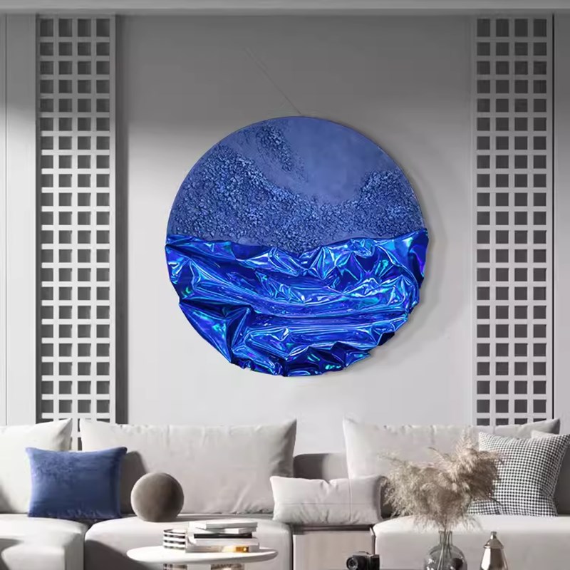 现代轻奢皮革立体手绘砂岩v肌理圆形沙发背景墙装饰画玄关过道挂图片