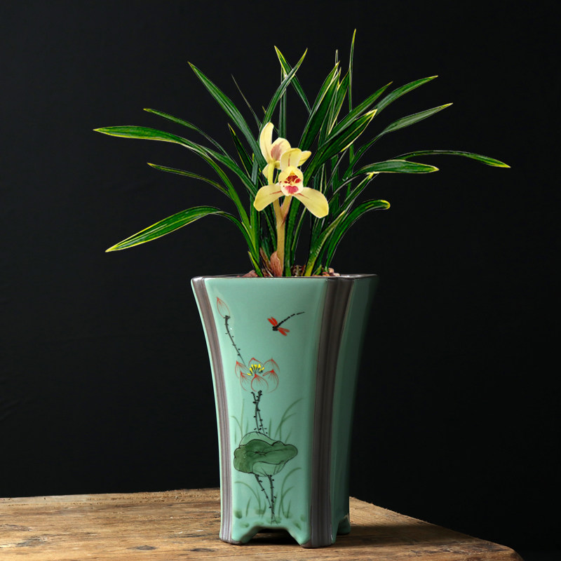 紫砂兰花盆室内i透气素面束腰兰草专用盆带底托建兰四季兰春兰花