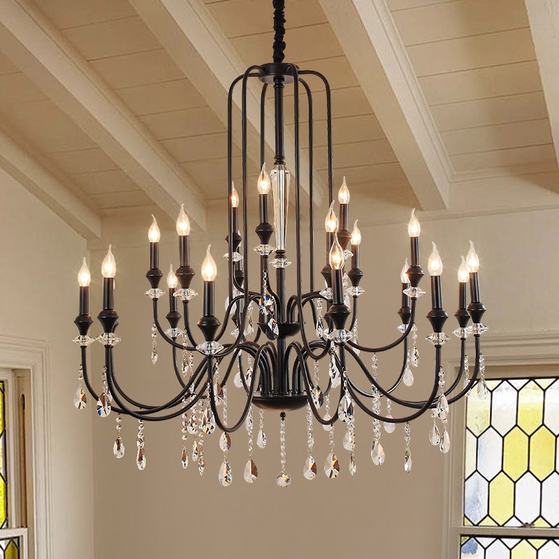 法式水晶吊灯复古黑色轻奢客x厅餐厅卧室灯别墅复式楼中空大厅灯