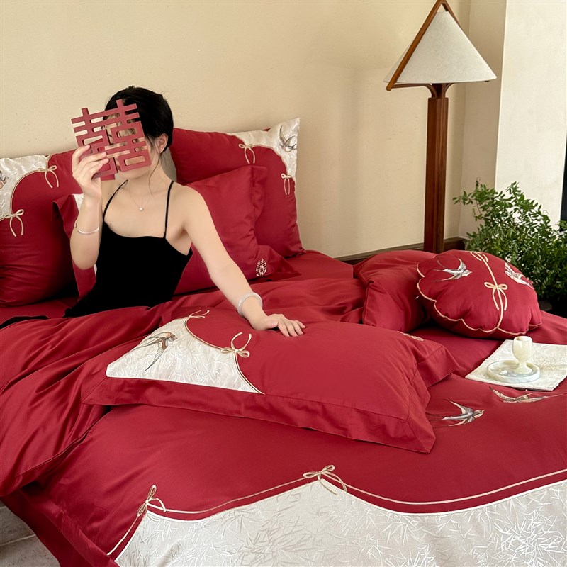 高端中式1e00S长绒棉全棉婚庆四件套提花喜燕刺绣被套结婚陪嫁床