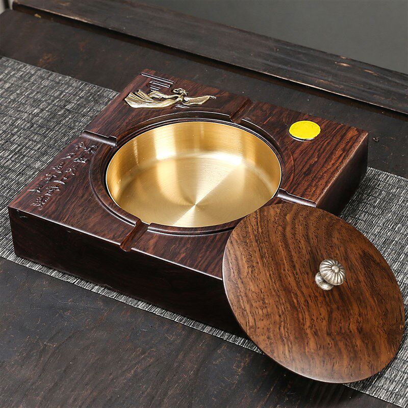 黑檀实木带盖子烟灰缸创q意个性潮流家用客厅中式复古大号烟缸防