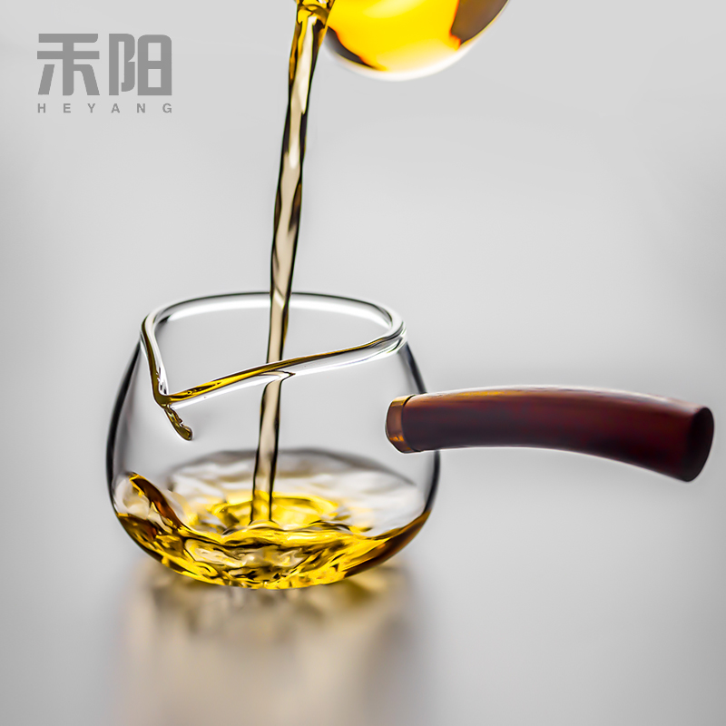 禾阳 玻璃公道i杯侧把木把分茶公杯茶漏 倒茶器加厚大茶海耐热家