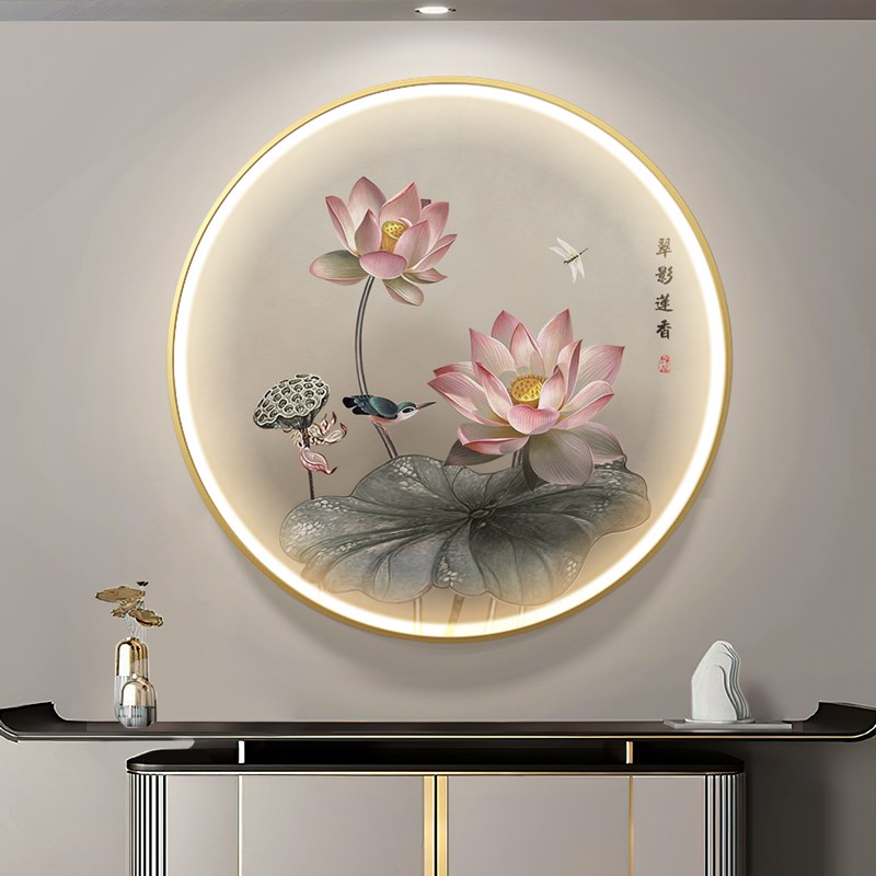 新中式圆形手f绘油画茶室办公室挂画客厅入户壁画荷花鸟玄关装饰图片