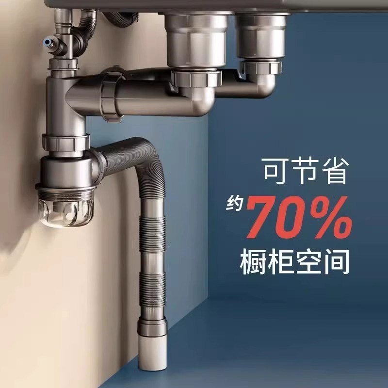 厨房洗菜盆下水管配件p防臭洗碗池水槽排水管不锈钢单双槽套装通