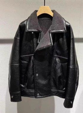 艾诺丝国内代购2025冬季黑色保暖加绒皮夹克宽松女装外套AR104124