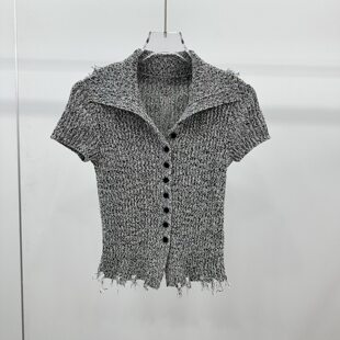 艾诺丝国内代购2026春季新款翻领流苏短袖混纺针织开衫女BR802272