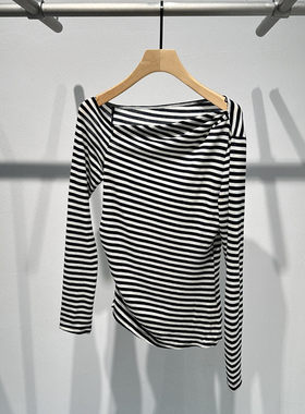 艾诺丝国内代购2026春季新款藏青白条纹修身一字领针织衫BR601138