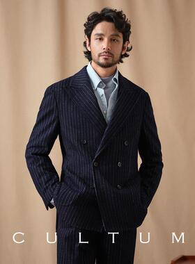 Cultum重羊毛针织翻领双排扣棕色灰色条纹西装西装男士覆古休闲西