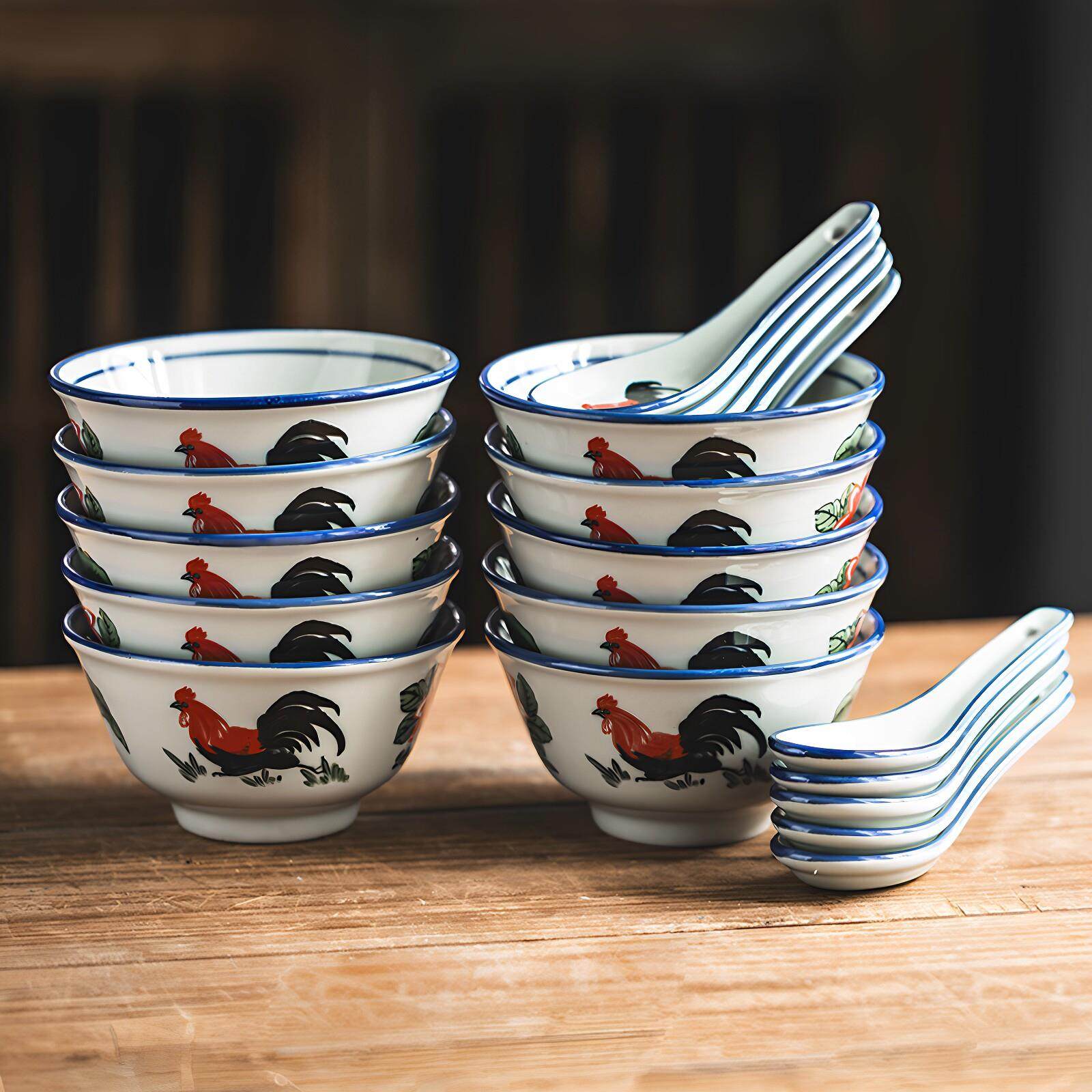 老式怀旧公鸡碗吃饭的碗10个装碗勺套装陶瓷汤碗家用饭碗覆古餐具,厨房/烹饪用具,配菜/备菜盘,淘宝优惠券,粉丝福利购,淘宝优惠卷