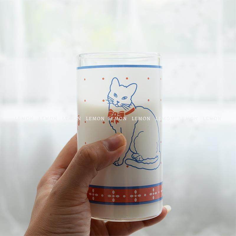 lemon|自制ins风可爱卡通猫咪玻璃杯家用牛奶杯早餐杯水杯饮料杯