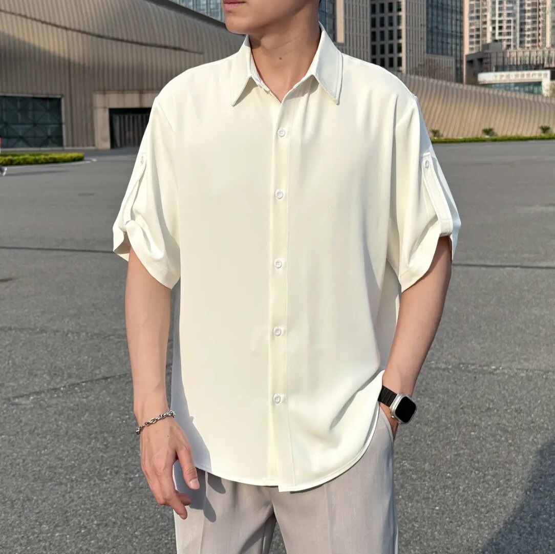 2026夏季高级感简约纯色痞帅轻熟风男士休闲短袖衬衫黑色衬衫新款 - BAPE1986出品