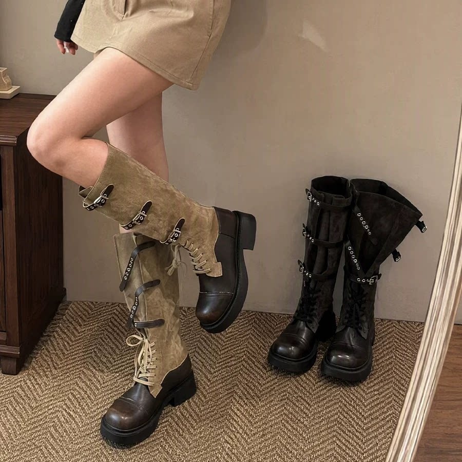 李掌柜|4.5cm增高做旧皮带扣显瘦厚底骑士靴女高筒靴长筒马丁靴