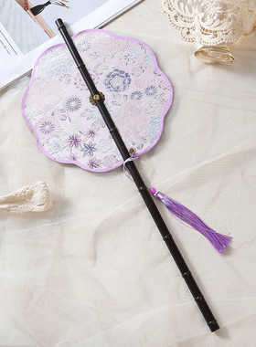 季晴雪原创紫色繁花竹帘扇可折叠旋转复古长柄腰扇汉服拍摄道具扇